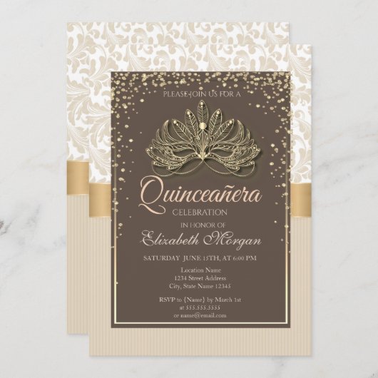 Invitation Diamants Floral Damask Quinceañera (Devant / Derrière)