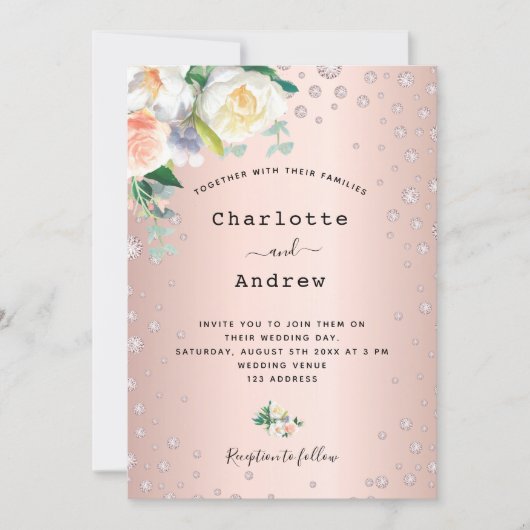 Invitation diamants floraux brun or rose glamour mariage (Devant)