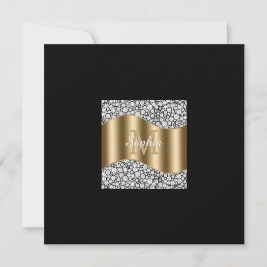 Invitation Diamants Glam, Monogramme en Or, Nom, Message  (Devant)
