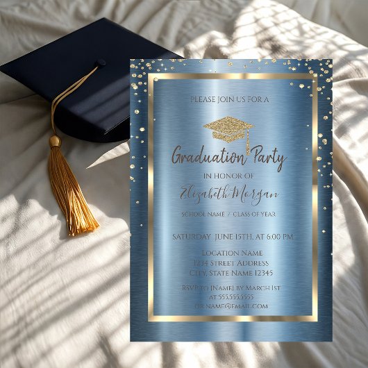 Invitation Diamants Gold Grad Casquette Blue Metallic Graduat