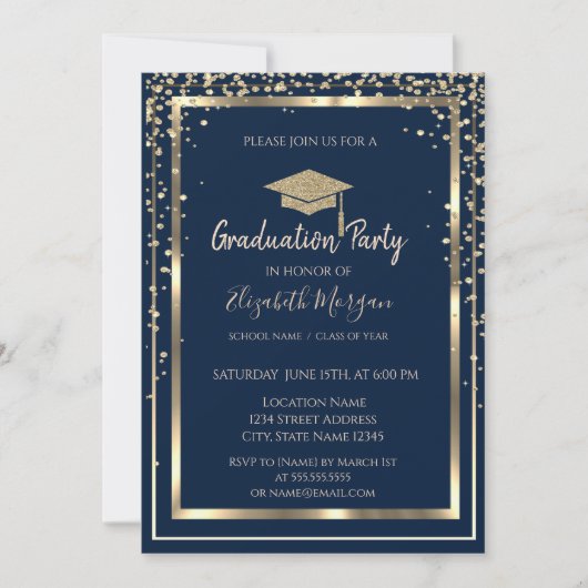 Invitation Diamants Gold Grad Casquette Blue Striped Graduati (Devant)