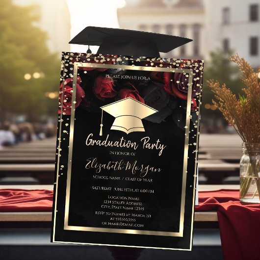 Invitation Diamants Gold Grad Casquette Red Roses Graduation