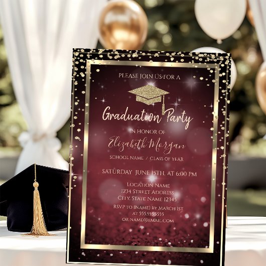 Invitation Diamants Gold Graduation Cap Dark Red Graduation