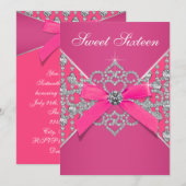 Invitation Diamants Hot rose Sweet 16 Anniversaire fête (Devant / Derrière)