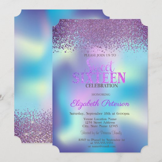 Invitation Diamants modernes Colorful Holographic Sweet 16 (Devant / Derrière)