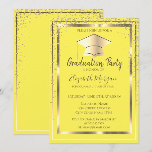 Invitation Diamants Or Cap Graduation Jaune (Devant / Derrière)
