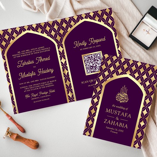 Invitation Diamants Or Violet Code QR Arch Musulman Mariage