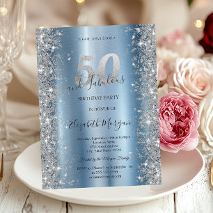 Invitation Diamants Pailletés Argent Bleu 50e Anniversaire