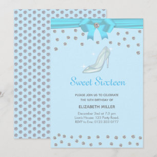 Invitation Diamants Pailletés Chic Sweet Sixteen sur Fond Ble