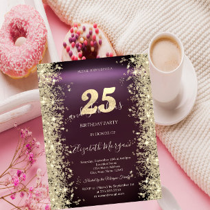 Invitation Diamants Pailletés Or Bordeaux 25e Anniversaire
