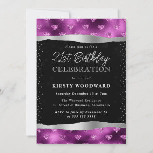 Invitation Diamants Pailletés Violet et Noir 21e Anniversaire