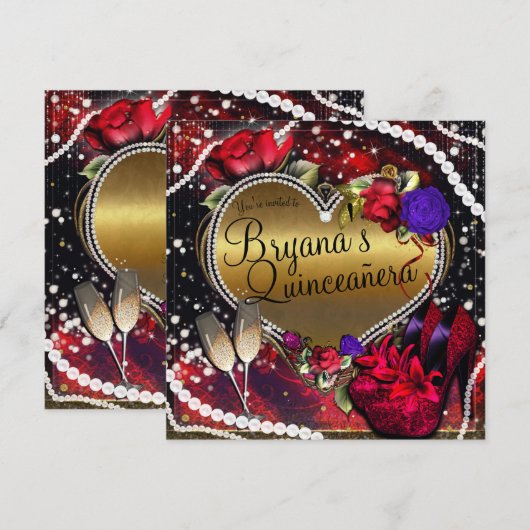 Invitation Diamants Perles Cœur Talons Hauts Quinceañera (Devant / Derrière)