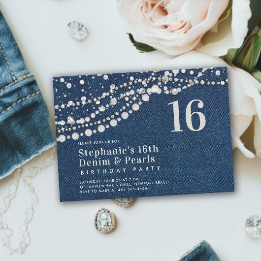 Invitation Diamants Perles Denim élégant classique chic doux 
