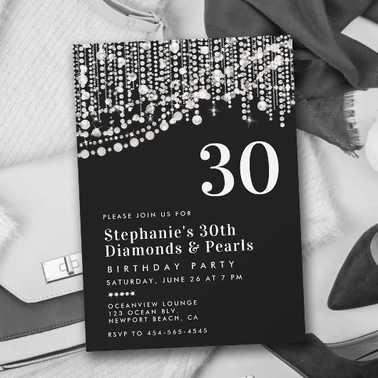Invitation Diamants Perles Fringe Noir Blanc 30e anniversaire