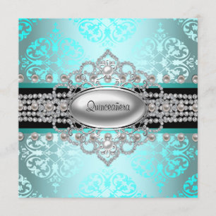 Invitation Diamants Perles Quinceanera Bleu Turquoise