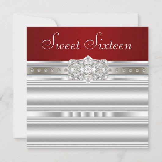 Invitation Diamants Perles Rubis Rouge Anniversaire Seize Ans (Devant)