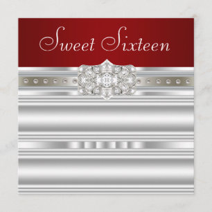 Invitation Diamants Perles Rubis Rouge Anniversaire Seize Ans