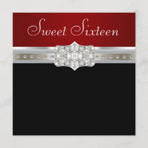 Invitation Diamants Perles Rubis Rouge Sweet Sixteen Annivers