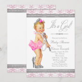 Invitation Diamants Perles Talons Hauts Bébé Fille Shower (Devant / Derrière)