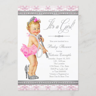 Invitation Diamants Perles Talons Hauts Bébé Fille Shower