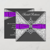 Invitation Diamants Purple et Black Sweet 16 Anniversaire (Devant / Derrière)