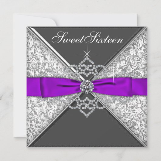 Invitation Diamants Purple et Black Sweet 16 Anniversaire (Devant)