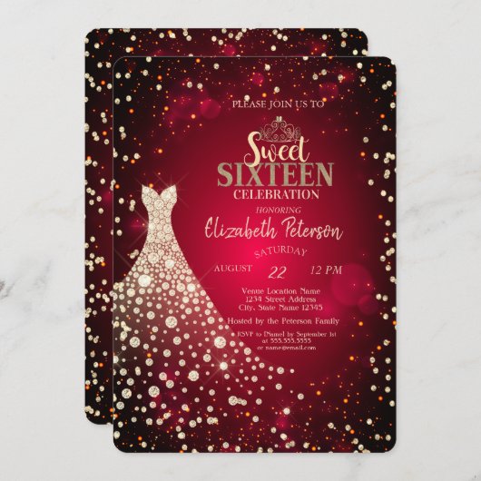 Invitation Diamants, Robe, Doux Rouge 16 (Devant / Derrière)