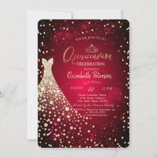 Invitation Diamants, Robe, Red Quinceañera