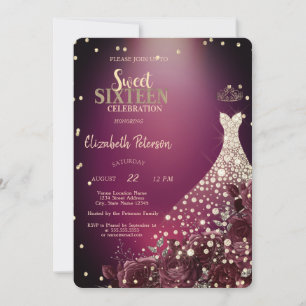 Invitation Diamants, Robe, Roses Bourguignonnes Sweet 16