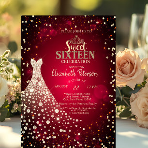 Invitation Diamants,Robe,Rouge Sweet 16