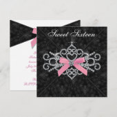 Invitation Diamants rose noir Damas doux 16 Anniversaire fête (Devant / Derrière)