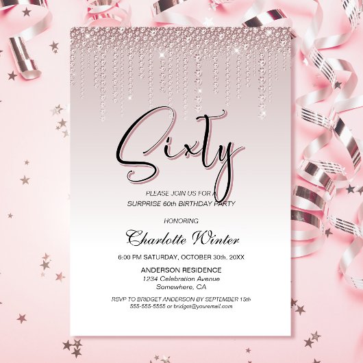 Invitation Diamants roses glamour Surprise 60e anniversaire