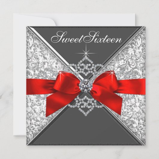 Invitation Diamants Rouge et Noir Doux 16 Anniversaire (Devant)