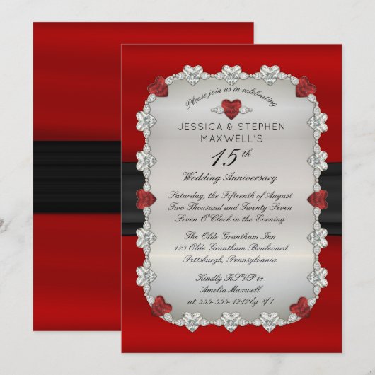 Invitation Diamants Rubis Rouge 15e Anniversaire de Mariage (Devant / Derrière)