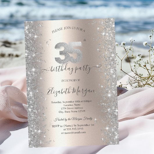 Invitation Diamants Silver Sparkle Ivory Fête des 35 ans
