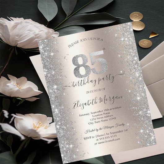 Invitation Diamants Silver Sparkle Ivory Fête des 85 ans