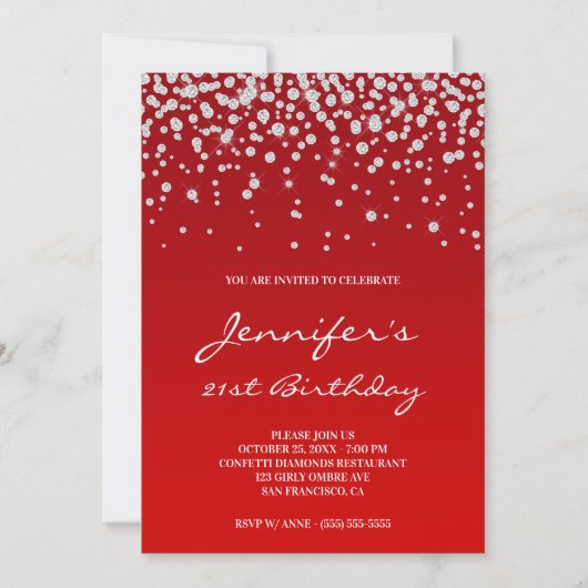 Invitation Diamants Strass Dégradé Rouge 21e Anniversaire (Devant)