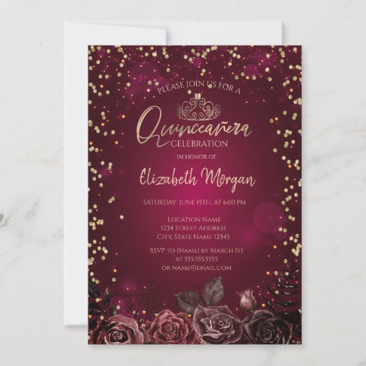Invitation Diamants, Tiara Bourgogne Roses Quinceañera (Devant)