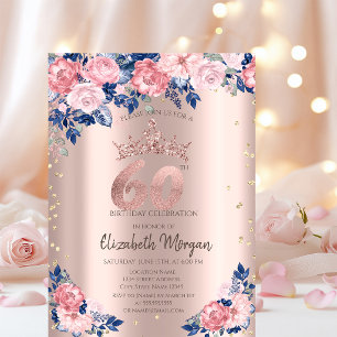 Invitation Diamants Tiara Roses Bleues Or Rose 60ème Annivers