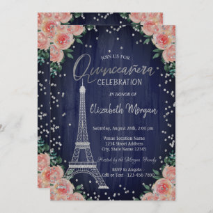 Invitation Diamants Tour Eiffel Argent Fleurs Quinceañera