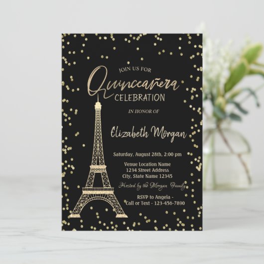 Invitation Diamants Tour Eiffel Gold Quinceanera Noir (Debout devant)
