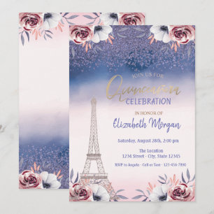 Invitation Diamants, Tour Eiffel Ombre Roses Quinceanera 