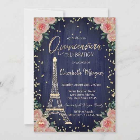 Invitation Diamants Tour Eiffel Or Fleurs Quinceañera (Devant)
