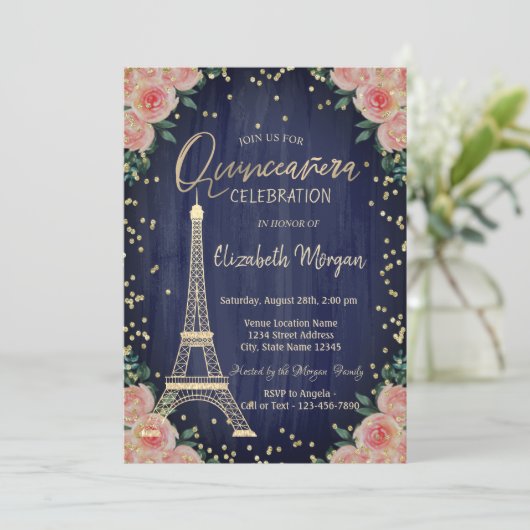 Invitation Diamants Tour Eiffel Or Fleurs Quinceañera (Debout devant)