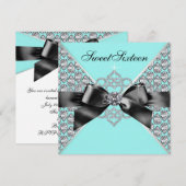 Invitation Diamants Turquoise Bleu Black Sweet 16 Anniversair (Devant / Derrière)
