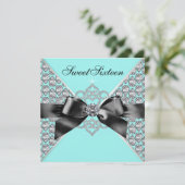Invitation Diamants Turquoise Bleu Black Sweet 16 Anniversair (Debout devant)