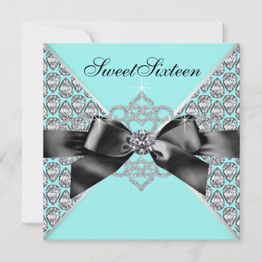 Invitation Diamants Turquoise Bleu Black Sweet 16 Anniversair (Devant)