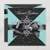 Invitation Diamants Turquoise Bleu Black Sweet 16 Anniversair (Devant / Derrière)
