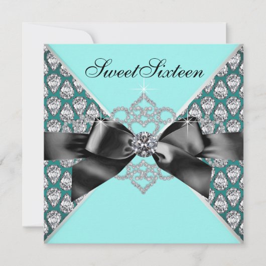 Invitation Diamants Turquoise Bleu Black Sweet 16 Anniversair (Devant)