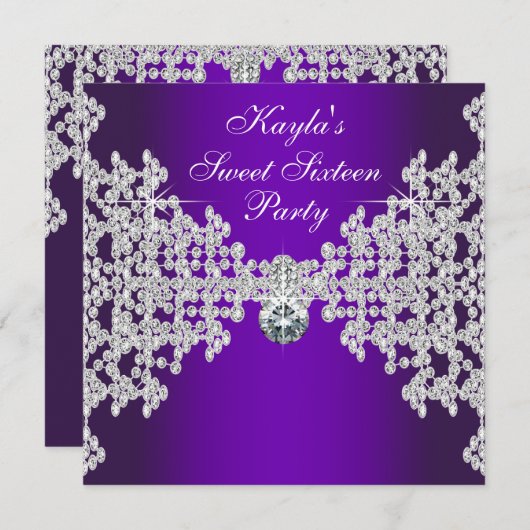 Invitation Diamants violets Anniversaire des seize ans (Devant / Derrière)